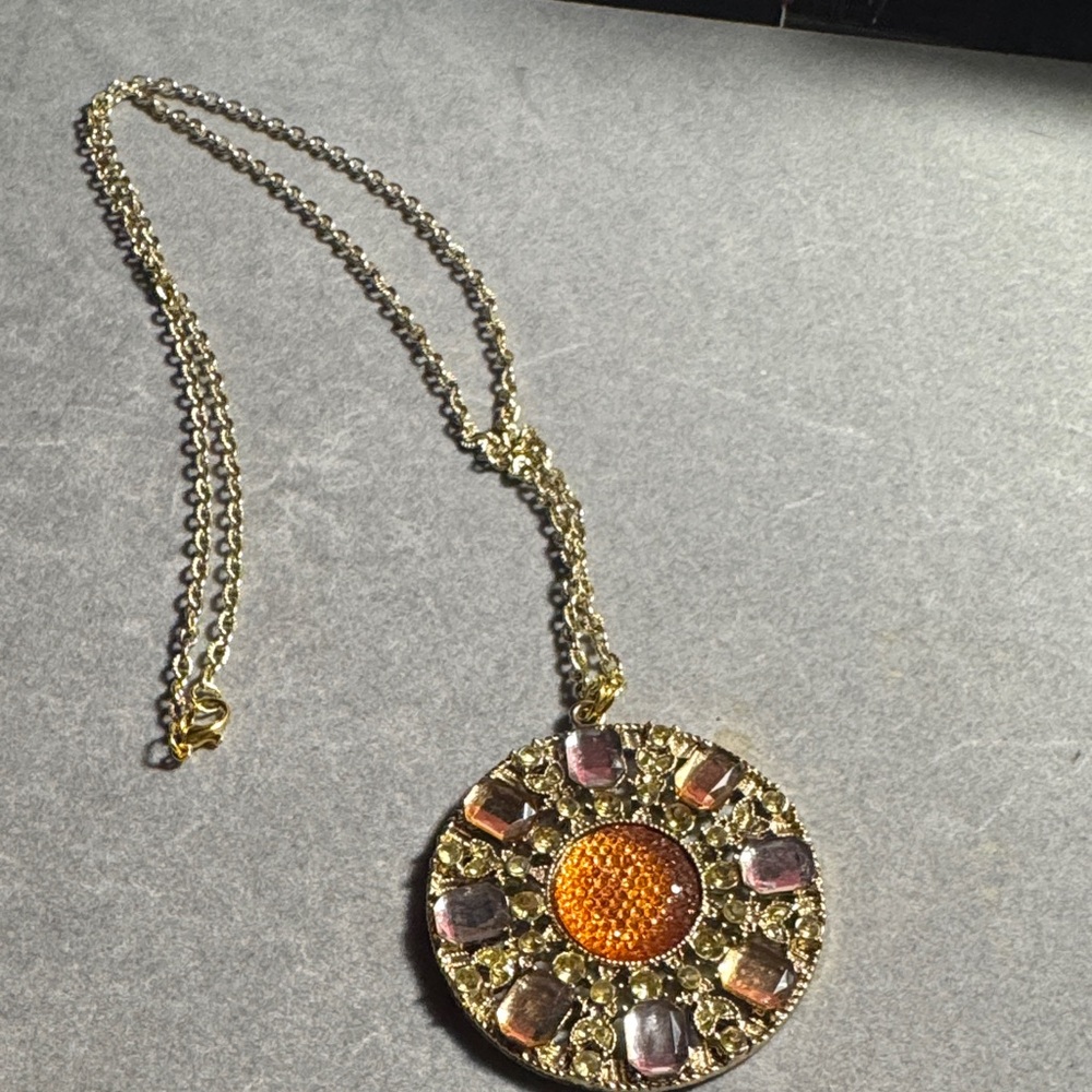Gold-Tone Pendant 17 1/2” Long Necklace with Orange and Pink Accents